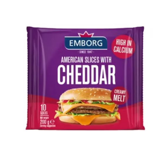 【鮮：0-4度保存】丹麥 Emborg 紫堡牌漢堡片裝車打芝士 (200g) ｜ 濃郁醇香、熔化口感完美、香濃芝士風味（漢堡/熱狗/三文治必備靈魂、西式料理升級首選）