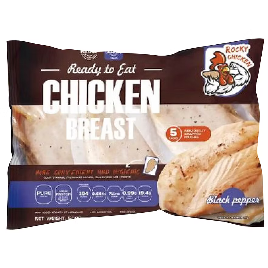 Rocky黑椒味即食雞胸 (5件獨立真空裝/100g x5) ｜ 黑椒惹味香濃、肉質軟嫩多汁、解凍即食/加熱即食（嚴選優質雞肉、沙拉/輕食/百搭首選、輕鬆享受無負擔高蛋白美味）